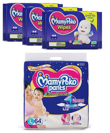 MamyPoko Extra Absorb Pant Style Diapers Large - 64 Pieces & MamyPoko Wipes With Green Tea Essence - 50 Sheets ( Pack of 3)