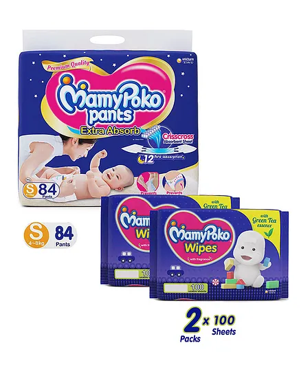 MamyPoko Extra Absorb Pant Style Diaper Small Size - 84 Pieces & MamyPoko Wipes With Green Tea Essence - 100 Sheets ( Pack of 2)