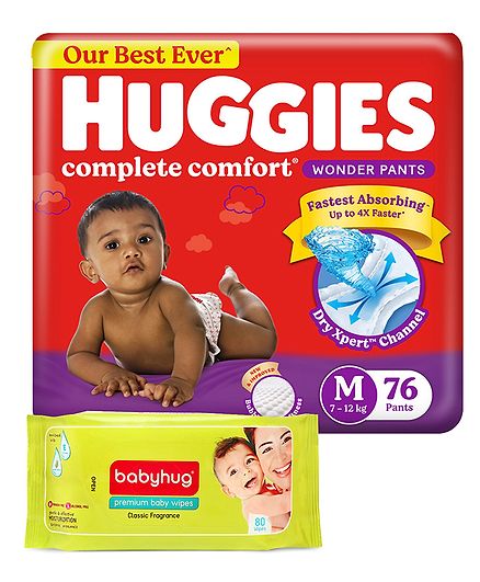 Huggies Wonder Pants Medium Pant Style Diapers - 76 Pieces & Huggies Nourishing Clean Baby Wipes with Cucmber & Aloe Vera - 72 Pieces (Pack of 2)