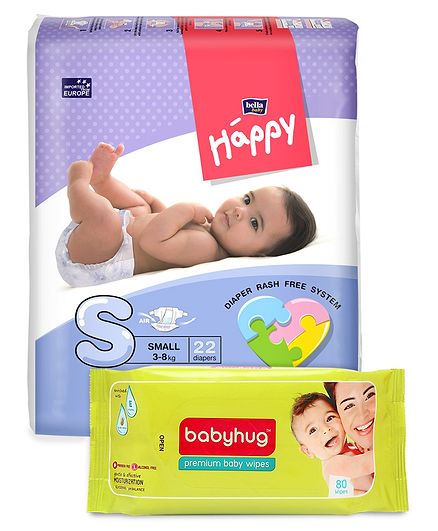 Bella Baby Happy Diapers Small - 22 Pieces & Babyhug Premium Baby Wipes - 80 Pieces