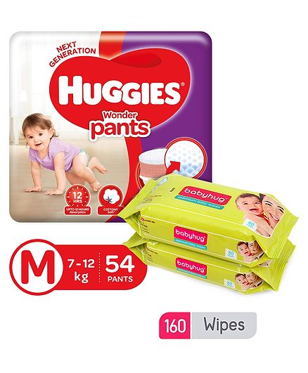 Huggies Wonder Pants Medium Size Pant Style Diapers - 54 Pieces & Babyhug Premium Baby Wipes - 80 Pieces (Pack of 2)