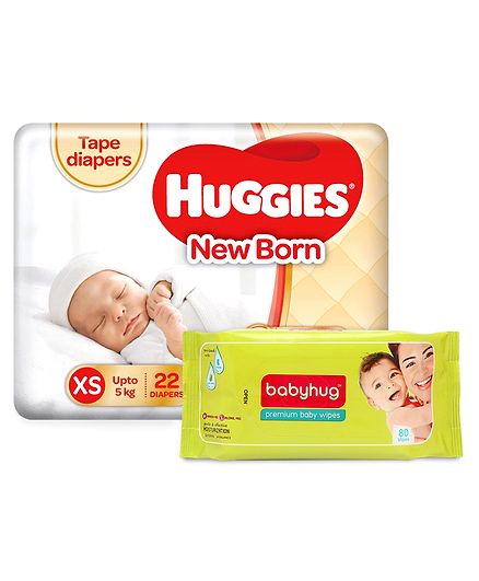 Huggies Taped Diapers For New Baby -22 Pieces & Babyhug Premium Baby Wipes - 80 Pieces