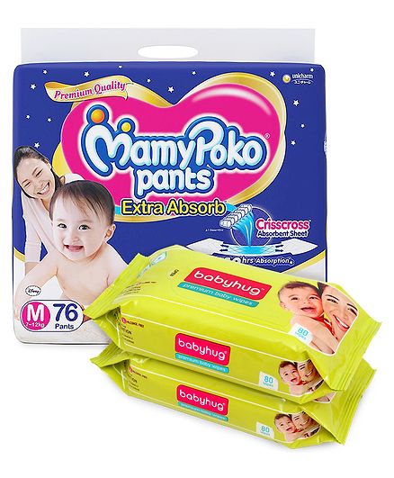 MamyPoko Extra Absorb Pant Style Diapers Medium - 76 Pieces & Babyhug Premium Baby Wipes - 80 Pieces (Pack of 2)
