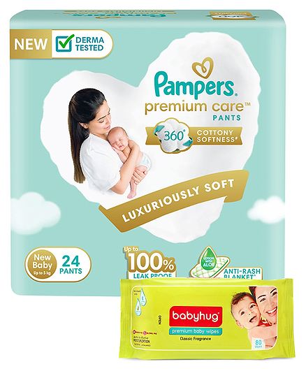 Pampers Premium Care Pant Style Diapers Extra Small - 24 Pieces & Babyhug Premium Baby Wipes - 80 Pieces