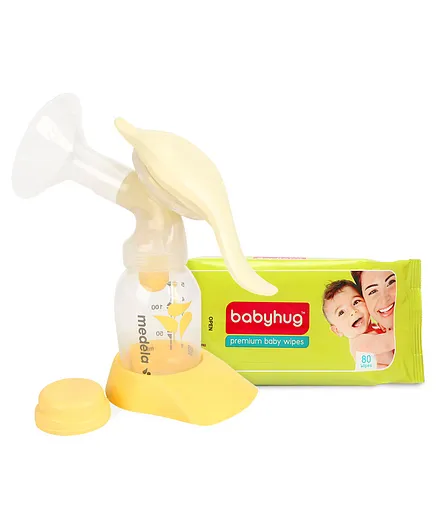 Combo of Medela Harmony Manual Breast Pump - Cream And Yellow & Babyhug Premium Baby Wipes - 80 Pieces