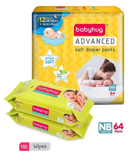 Babyhug Advanced Pant Style Diapers New Born - 64 Pieces & 2 Packs of Babyhug Premium Baby Wipes - 80 Pieces