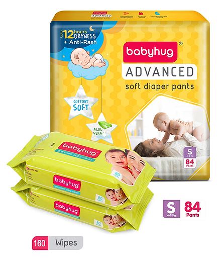 Babyhug Advanced Pant Style Diapers Small - 84 Pieces & 2 Packs of Babyhug Premium Baby Wipes - 80 Pieces