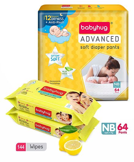 Babyhug Advanced Pant Style Diapers New Born - 64 Pieces & 2 Packs Of Babyhug Premium Baby Lemon Wipes - 72 Pieces