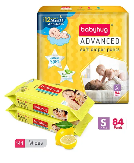 Babyhug Advanced Pant Style Diapers Small - 84 Pieces & 2 Packs Of Babyhug Premium Baby Lemon Wipes - 72 Pieces