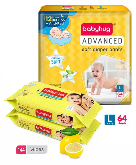 Babyhug Advanced Pant Style Diapers Large - 64 Pieces & 2 Packs Of Babyhug Premium Baby Lemon Wipes - 72 Pieces