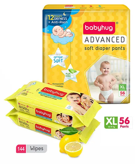 Babyhug Advanced Pant Style Diapers Extra Large - 56 Pieces & 2 Packs Of Babyhug Premium Baby Lemon Wipes - 72 Pieces
