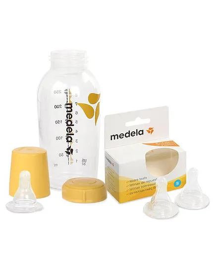 Medela - Spare Teats Small Size - Pack of 2 & Feeding Bottle With Teat Yellow - 250 ml