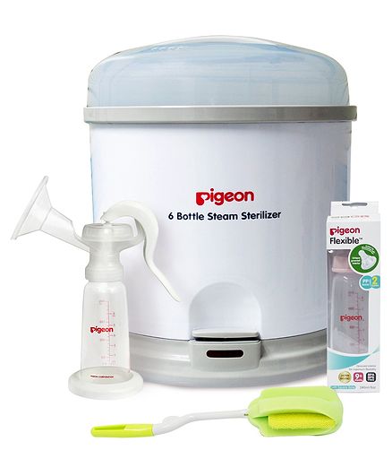 Pigeon Bottle Cleaning Sponge Brush - Green,Manual Breast Pump - White, Six Bottle Steam Sterilizer - White , Polypropylene Peristaltic Clear Nursing Bottle With 2 Nipples Pink - 240 ml