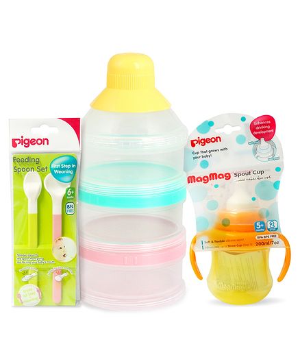 Pigeon - Feeding Spoon Set , Powder Milk Container & Mag Mag Spout Cup With Handle Yellow - 200 ml