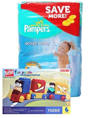 Pampers - Active Baby (Imported) M 62 Pieces with Peacock Bebe Blocks - Fun Puzzle Combo (Set of 2)