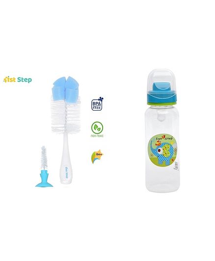 1st Step 2 in 1 Bottle & Nipple Cleaning Brush with Anti-Colic Polypropylene BPA Free Feeding Bottle - 125 ml -Blue