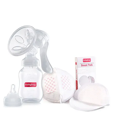 Babyhug Manual Breast pump With 2 Suction Modes - White & 3D Contoured Disposable Breast Pads Combo Pack