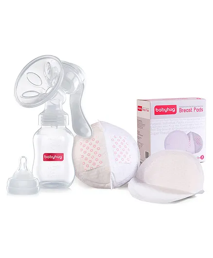 Babyhug Manual Breast pump With 2 Suction Modes - White & 3D Contoured Disposable Breast Pads Combo Pack