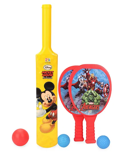 Disney Mickey Mouse Cricket Ball And Bat(Color may Vary) & Marvel Avengers Racket Set (Color And Print May Vary)