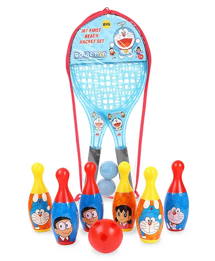 Doraemon Bowling Set Red Blue - 7 Pieces & Doraemon Beach Tennis Racket Set (Color May Vary)