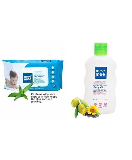 Mee Mee Nousrishing Baby Oil (200ml) with Baby Wet Wipes with Lid-72 pieces