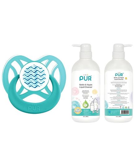 Pur Bottle And Nipple Liquid Cleanser - 500 ml and Ventilated Ortho Silicone Soother - Blue