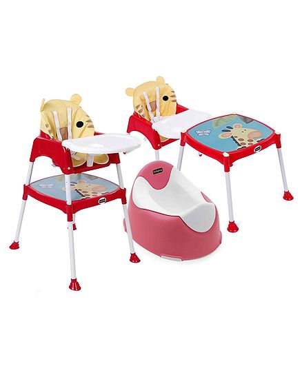 Babyhug Winsome Potty Chair - Pink AND Babyhug 3 in 1 Play & Grow High Chair With 5 Point Safety Harness & Anti-Slip Base - Red