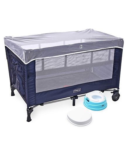 Babyhug Keep Me Close 2 in 1 Playpen Cum Baby Cot With Mosquito Net - Navy Blue AND Babyhug Practico 4-in-1 Potty Chair - Blue