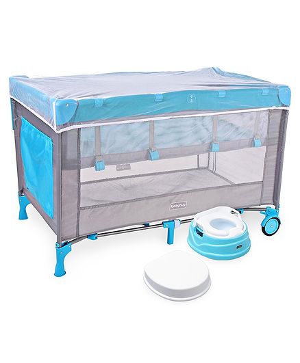 Babyhug Keep Me Close 2 in 1 Playpen Cum Baby Cot With Mosquito Net - Blue Grey AND Babyhug Practico 4-in-1 Potty Chair - Blue