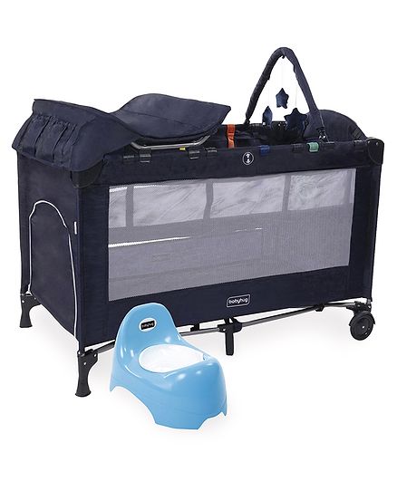 Babyhug Active Baby 3 in 1 Playpen Cum Cot With Diaper Changing Table & Mosquito Net - Navy Blue AND Babyhug Teeny Tiny Potty Chair With Lid - Blue