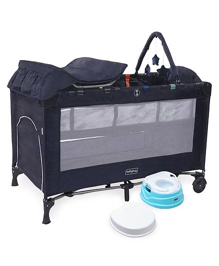Babyhug Active Baby 3 in 1 Playpen Cum Cot With Diaper Changing Table & Mosquito Net - Navy Blue AND Babyhug Practico 4-in-1 Potty Chair - Blue