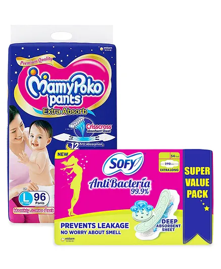 MamyPoko Extra Absorb Pant Style Diaper Monthly Jumbo Pack Large Size - 96 Pieces & Sofy Antibacteria Extra Long Sanitary Pads - 54 Pieces
