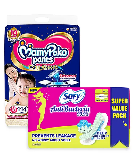 MamyPoko Pant Style Diapers Medium - 114 Pieces & Sofy Antibacteria Extra Long Sanitary Pads - 54 Pieces