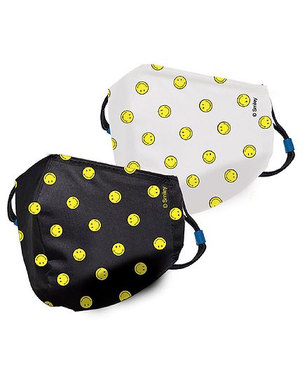 Quick Dry Anti Pollution Face Mask Smiley Print Pack of 2-Black White