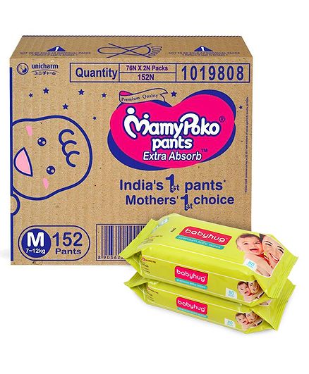 MamyPoko Extra Absorb Pant Style Diapers Medium - 152 Pieces & Babyhug Premium Baby Wipes - 80 Pieces (Pack of 2)