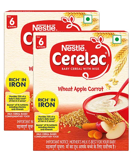 Nestle Cerelac Fortified Baby Cereal With Milk Wheat Apple Carrot - From 6 Months 300 gm Bib Pack Pack Of 2