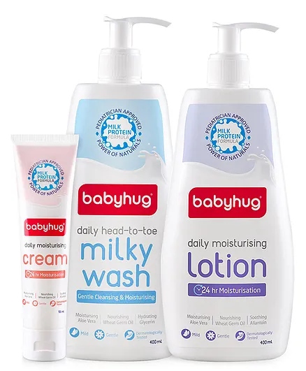 Babyhug Moisturising Cream 100 ml, Milky wash 400 ml & Moisturising Lotion 400 ml Combo
