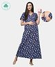 ECOMAMA Organic Cotton & Bamboo Antimicrobial Half Sleeves Maternity Nighty Floral Print - Blue