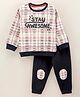 GRO Cotton Knit Full Sleeves T-Shirt & Lounge Pant Set Checks Text Print - Grey Melange