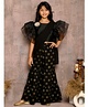 Lilpicks Couture Short Flutter Sleeves Flower Appliqued Top & Floral Printed Sharara With Attached Dupatta - Black