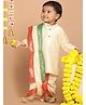 Vastramay Full Sleeves Solid Kurta & Bordered Foil Printed Dhoti With Dupatta Set - Gold
