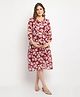 Moms Maternity Three Fourth Sleeves Seamless Tropical Flower Printed Fit & Flare Maternity Midi Dress - Maroon