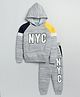 Little Marine Raglan Full Sleeves NYC Text Plaxement Printed Hooded Tee With Coordinating Track Pants - Grey