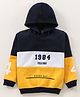 Earth Conscious Full Sleeves 1984 Printed Color Blocked Fleece Hoodie Sweatshirt - Navy Blue White & Yellow