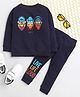 Polka Tots Full Sleeves Three Monkeys Printed Tee With Lounge Pant Set - Navy Blue