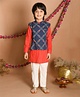 LIL PITAARA Pure Cotton Full Sleeves Striped Kurta With Floral Bandhej Cubic Designed Jacket & Pyjama - Red