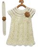 MayRa Knits Hand Knitted Short Sleeves Flower Crochet Applique & Embroidered Sweater Dress - Cream