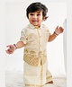 Tiber Taber Half Sleeves Elephant & Floral Motif Glitter Printed Shirt & Mundu Set - Cream