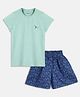 Campana Half Sleeves Solid Top With Abstract Printed Shorts - Mint Blue Navy Blue