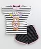 Little Marine Short Sleeves Hugs & kisses Teddy Printed Striped Top With Curved Hem Detailed Shorts - White & Black